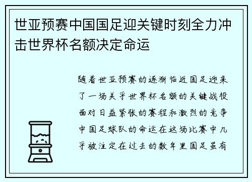 世亚预赛中国国足迎关键时刻全力冲击世界杯名额决定命运 世亚预赛中国国足迎关键时刻全力冲击世界杯名额决定命运